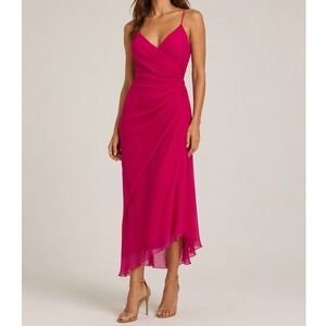 Dolce Jovani Vintage Hot Pink 100% Silk Midi Dress Asymmetrical Hem Size 4